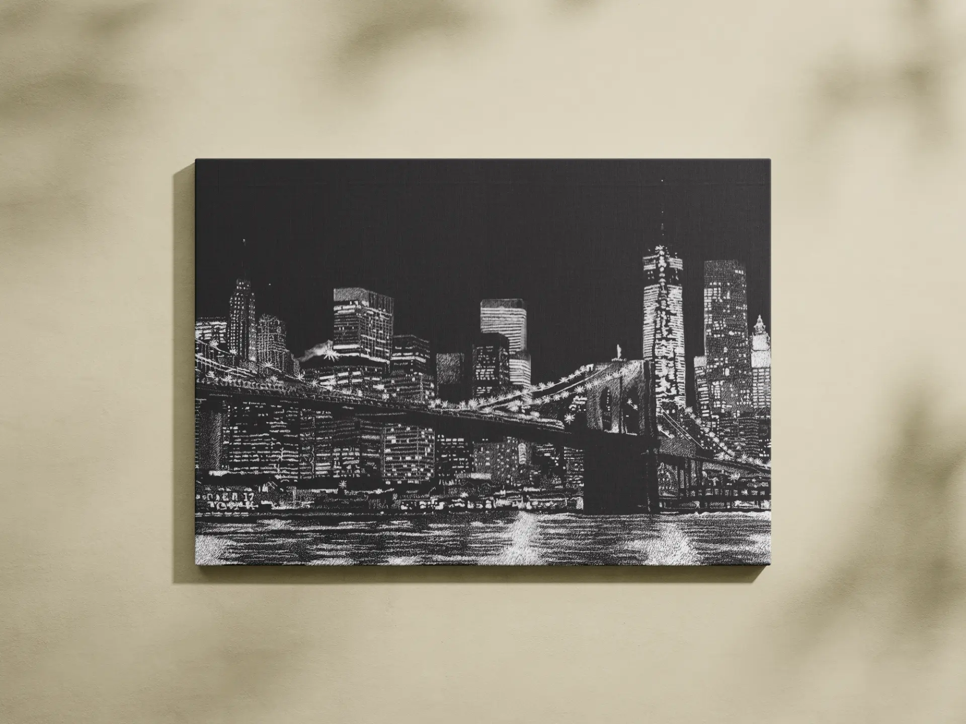 BK to Manhattan — scratchboard artwork by Aaron Stan